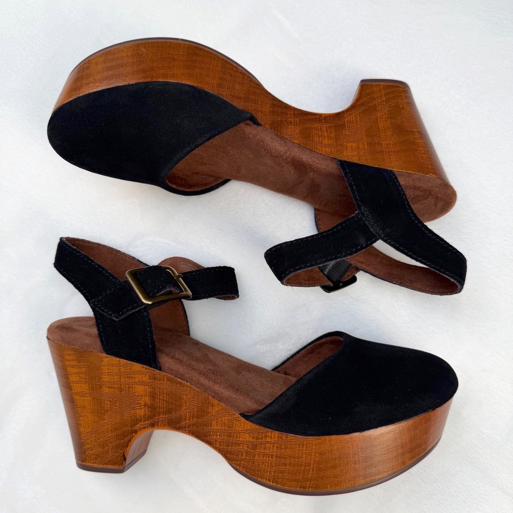 New White Mountain Casey Platform Clogs Black Suede Wood Heel 70's Festival 6.5M